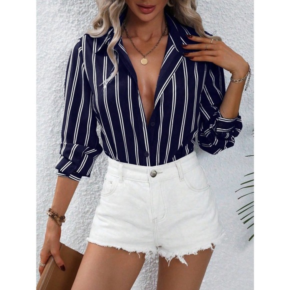 Preppy minimalist Striped Print long sleeve Button up Shirt black - Picture 5 of 10